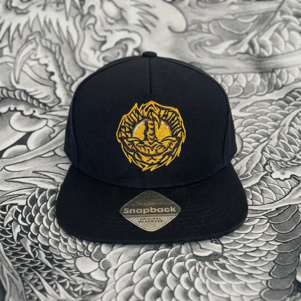 Un cappellino snapback nero con l'emblema del drago ricamato in oro sul davanti, esposto su un tessuto con un dettagliato disegno di drago, perfetto per i fan dello studio tattoo giapponese e dei tatuaggi giapponesi Ravenna.