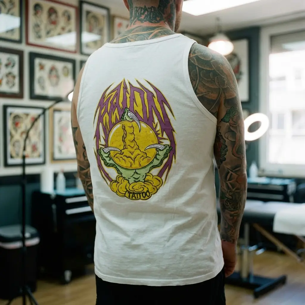 Un tatuato in canottiera bianca con un disegno grafico colorato sulla schiena si trova in uno studio di tatuaggi giapponesi, mostrando la propria passione per i tatuaggi giapponesi a Ravenna.