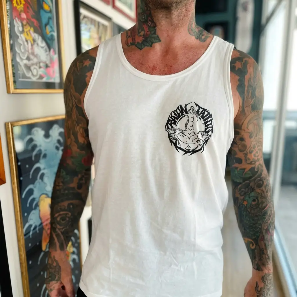 Una persona con tatuaggi a manica intera ispirati allo studio tattoo giapponese, che indossa una canottiera bianca con un disegno grafico, sta in casa vicino a delle opere d'arte incorniciate.